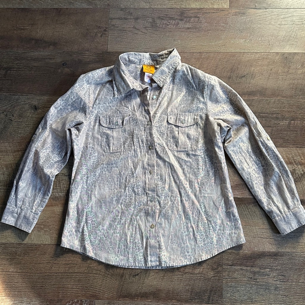 Women's Ruby Rd. Button Down Shirt Size 14P Gray Animal Print